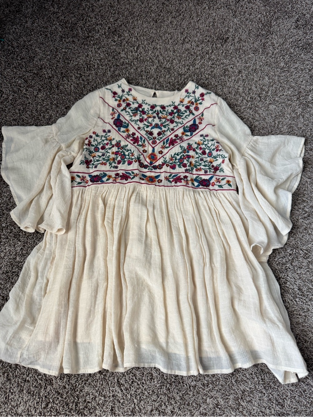 Ivory Floral-Embroidered Mini Dress with Flutter Sleeves